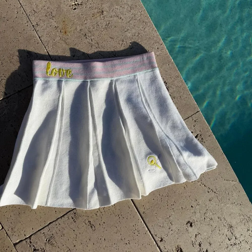 Loveshackfancy White Pleated Golf or Tennis Skirt Roz Pink Blue Stripes